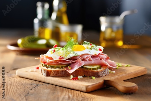 open-faced sandwich with pickles and ham on wooden table photo