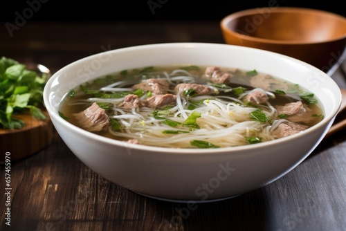 side view of pho with slices of beef floating