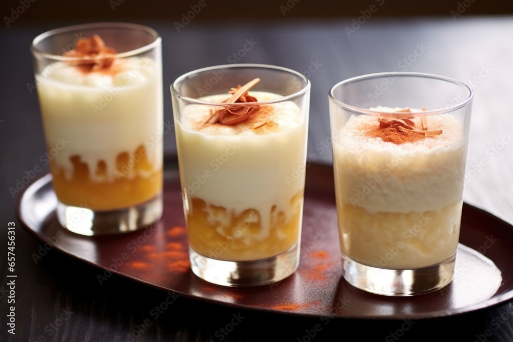 trio of mini-glasses with rice pudding drinks