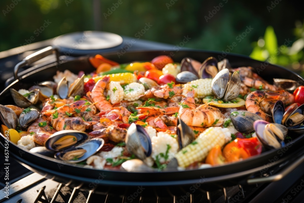 bbq grill with seafood mix under a lid