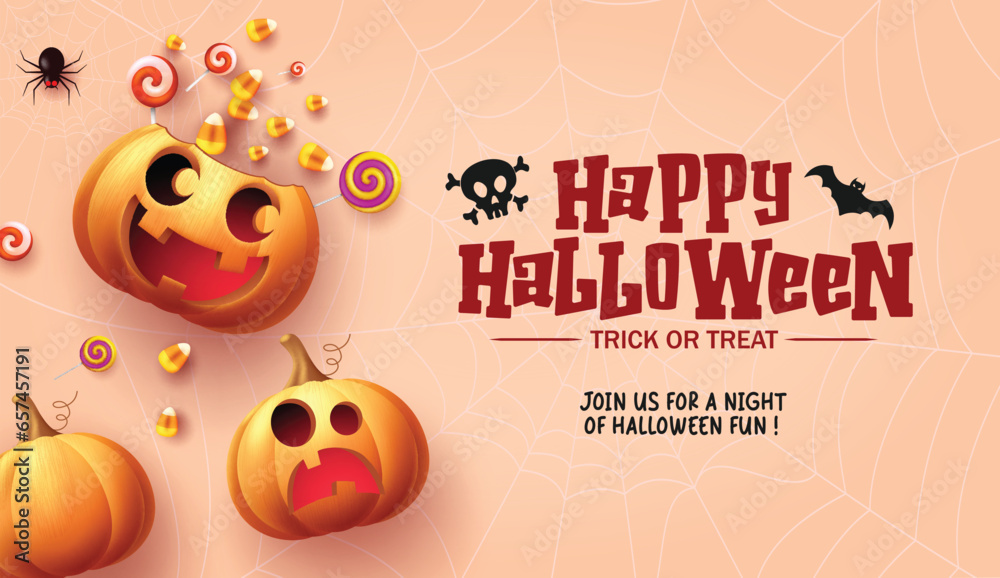 Naklejka premium Happy halloween text vector design. Halloween trick or treat invitation card with basket pumpkins and candies elements decoration in spider web background. Vector illustration kids party invitation 
