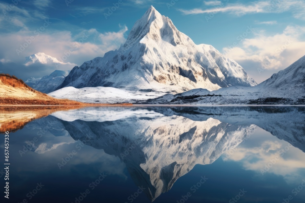 snowy mountain peak reflecting in a transparent lake