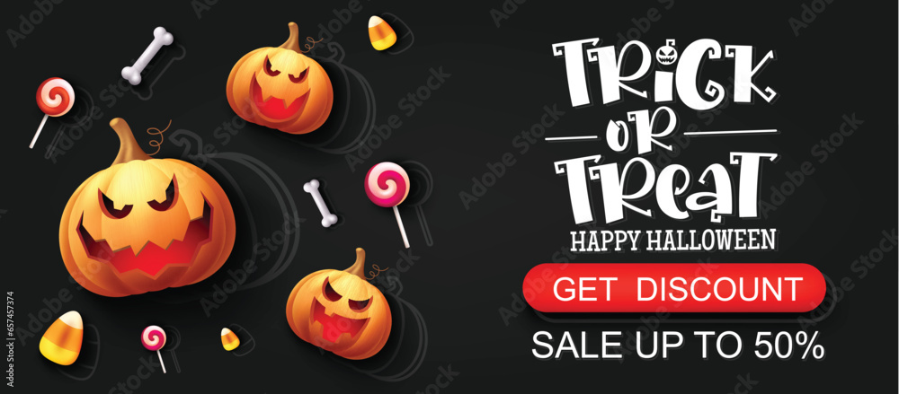 Halloween sale text vector banner design. Trick or treat discount promo price with pumpkins elements decoration in black background. Vector illustration horror shopping advertisement.
Halloween sale text vector banner design. Trick or treat discount promo price with pumpkins elements decoration in black background. Vector illustration horror shopping advertisement.