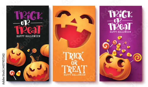 Trick or treat tags vector poster design. Happy halloween greeting and invitation card for kids party gift tags lay out collection. Vector illustration seasonal post card collection.
