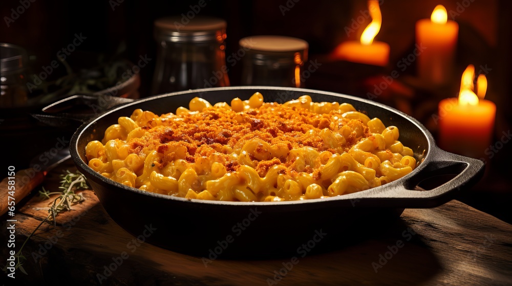 Delicious and cheesy macaroni casserole in a cast iron skillet