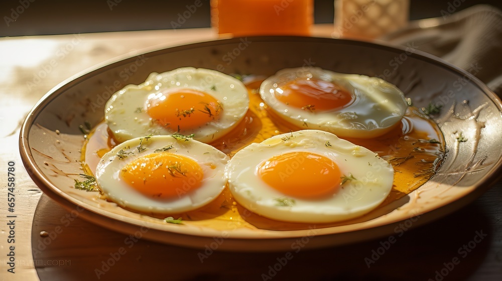 Delicious and healthy breakfast with fried eggs on a white plate Delicious and healthy breakfast with fried eggs on a white plate
