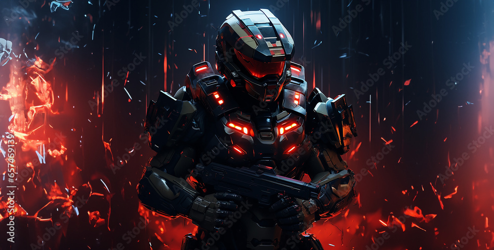 Robot, soldier with a gun, person with a gun, a robot warrior a futuristic master chief with dark black armor