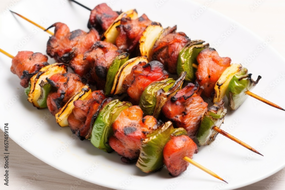 five skewers of bacon-wrapped brussels sprouts on a white plate