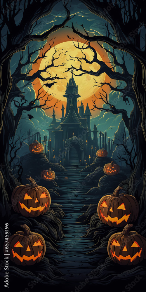 Halloween holidays poster. Halloween pumpkin head jack lantern with burning candles.