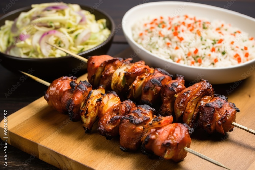 grilled skewers of bacon-wrapped brussels sprouts with side of coleslaw