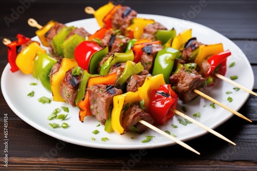 skewer set with lamb, apricots, and bell peppers