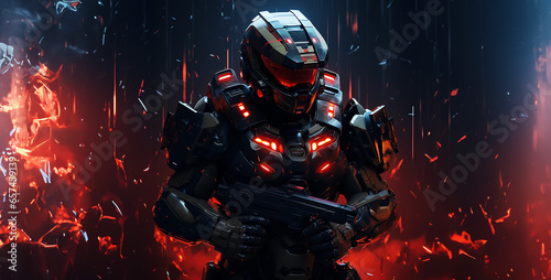 soldier with a gun, person with a gun, a robot warrior a futuristic master chief with dark black armor