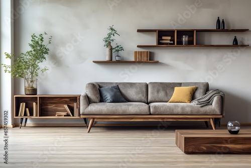 Modern cozy sofa and concrete wall in living room interior, modern design, mock up furniture decorative interior, 3d rendering