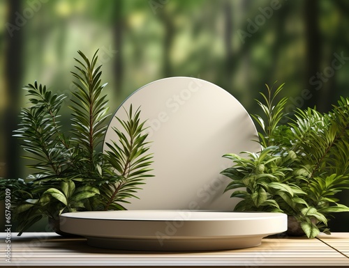 Cercle blanc avec des feuilles et une plante sur un sol blanc