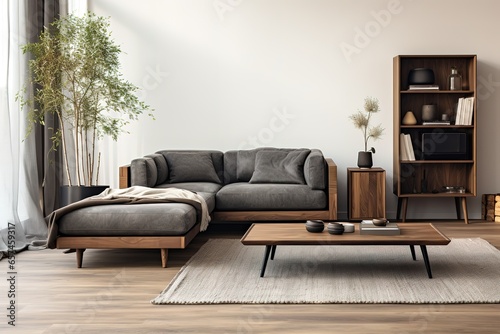 Modern cozy sofa and concrete wall in living room interior, modern design, mock up furniture decorative interior, 3d rendering