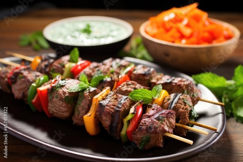lamb and bell pepper kebabs on skewer with a mint dip in background