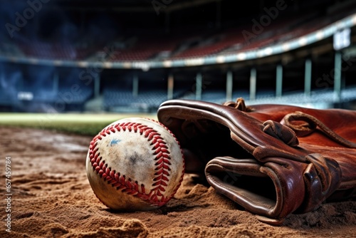 baseball glove and ball on baseball diamond photo