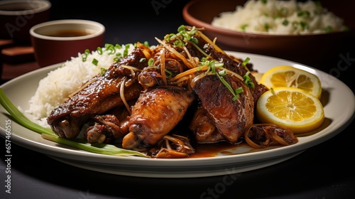 Delicious Chicken Adobo with Rice and Vegetables on a White Plate, Filipino Cuisine, High-Quality Food Photography