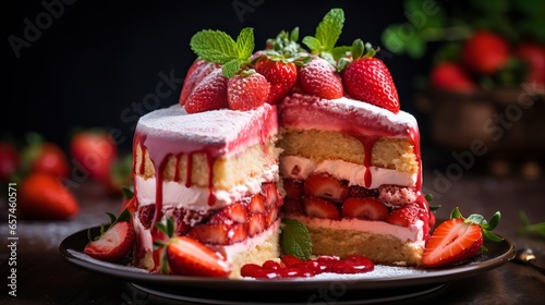 Delicious slice of homemade strawberry sponge cake with fresh berries and whipped cream on a white plate