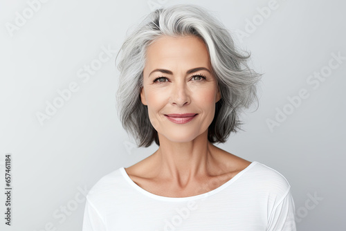 Portrait of a happy senior woman with grey hair and healthy skin 