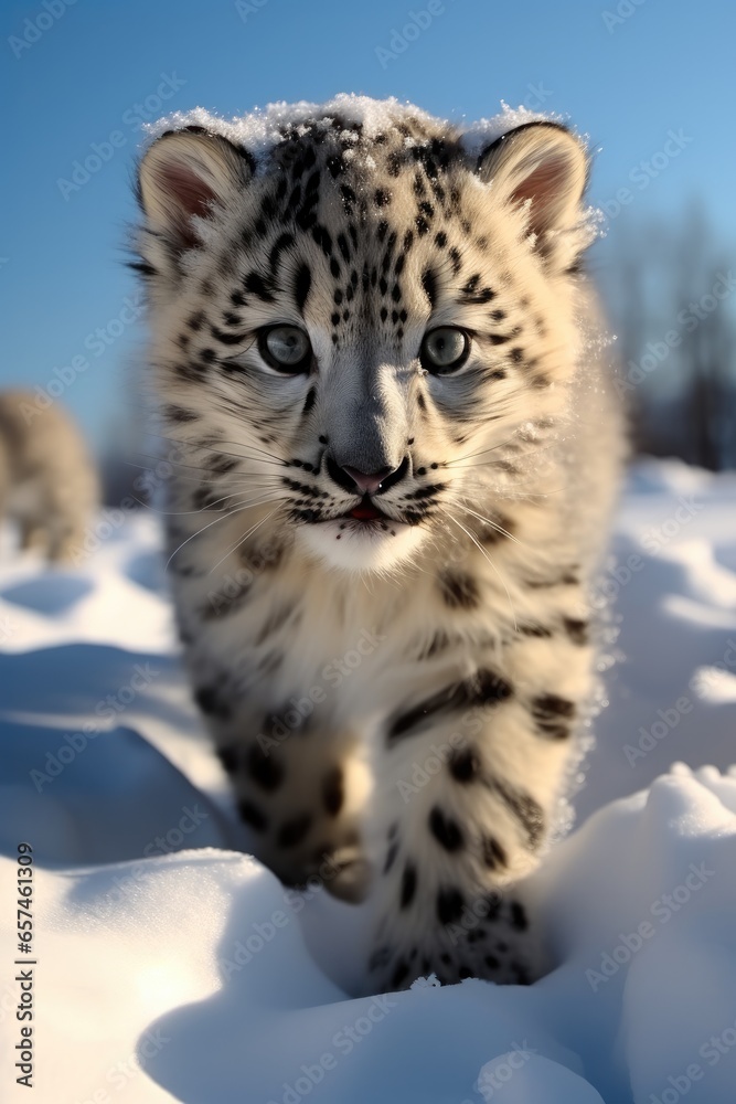 Fototapeta premium A snow leopard cub crawls across the snow and plays.