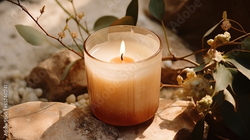 Generative AI, burning candle on beige background. Aesthetic muted composition dry flowers, textile. Home interior, comfort, spa, relax and wellness concept. 