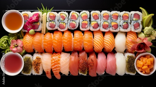 Delicious Sushi Platter with Various Types of Nigiri, Maki, and Sashimi on a Wooden Table