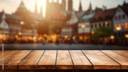 A blank wooden tabletop against a blurred background of the old town