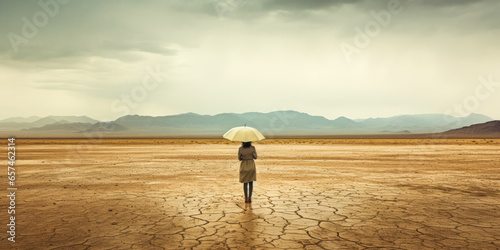 Captivating woman standing freely in a desolate desert beneath cold  drizzling rain.