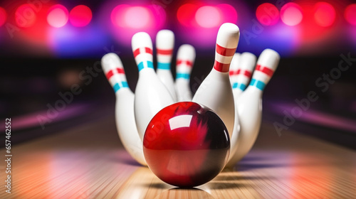 Fotografering Red bowling ball breaks pins on a multicolored background