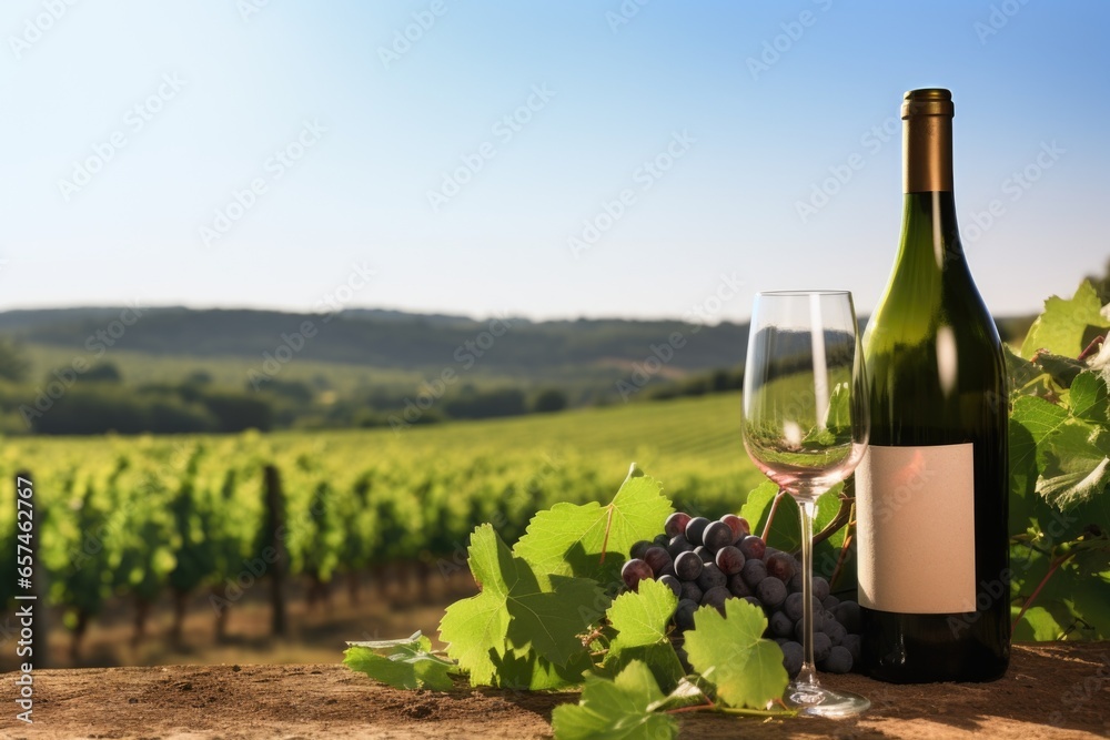 lush vineyard landscape with a bottle of sparkling wine in foreground