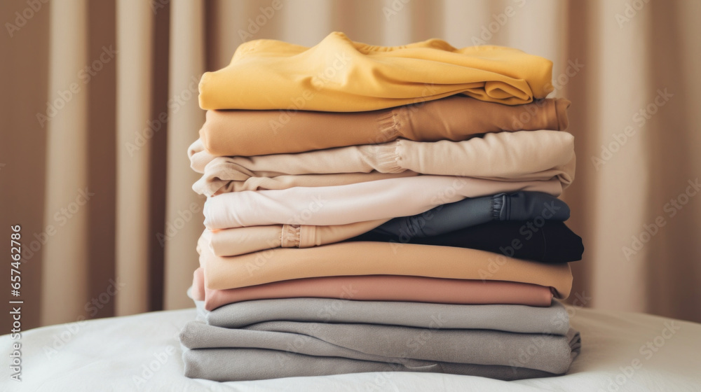 A stack of folded clean clothes on the bed A stack of folded clean clothes on the bed