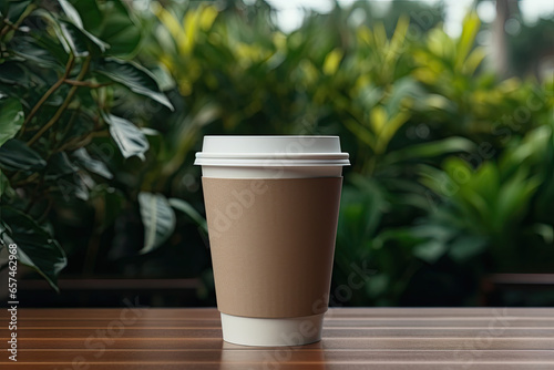 Coffee cup on wooden table mockup