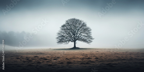 A lone tree in a field on a foggy day photo