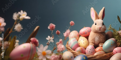 Multi-colored Easter eggs and cute bunny toy in a nest.