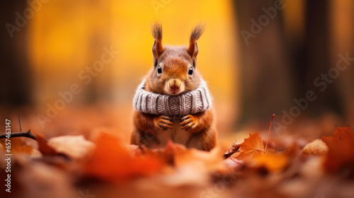 Squirrel in a knitted scarf in the autumn forest