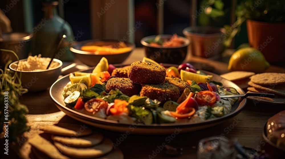 Healthy vegan meal with sweet potato, vegetable pickles, salads and falafels on a wooden table