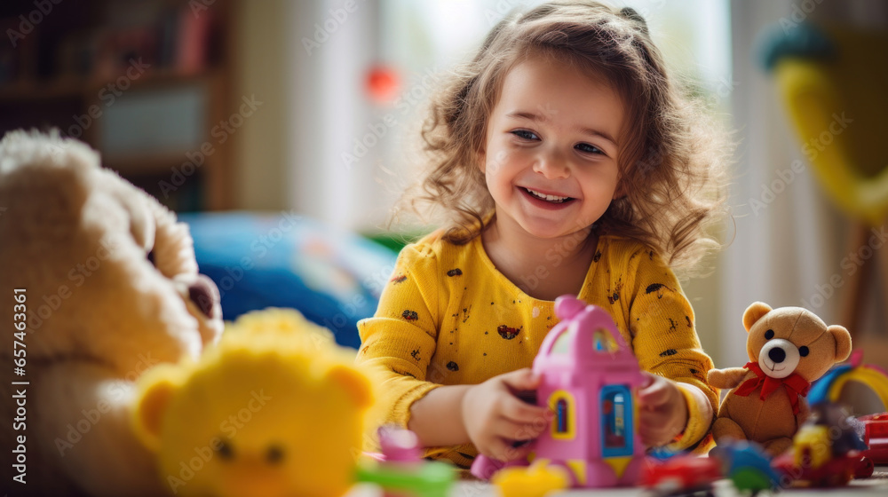 A cute little girl looks at the camera, smiles and play with toys - obrazy, fototapety, plakaty 