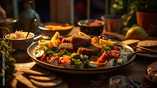 Healthy vegan meal with sweet potato  vegetable pickles  salads and falafels on a wooden table