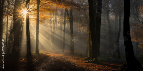Sunlight breaks through the branches of old trees in a beautiful autumn forest with a road