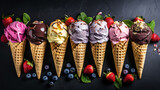 Variants of ice cream with berries in a waffle cup on a black background