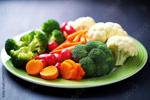 hand holding a plate of bright mixed steamed vegetables
