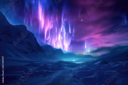 Light blue purple aurora on sky at snow mountains. © visoot