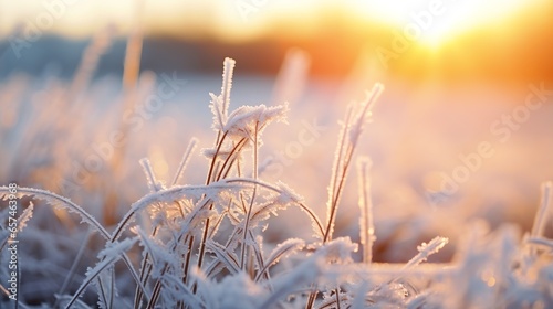 Beautiful background image of frost on nature grass close up. Frosty snowflakes on a natural background.