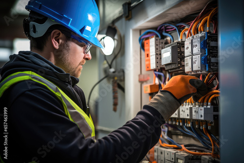 commercial electrician at work on a fuse box