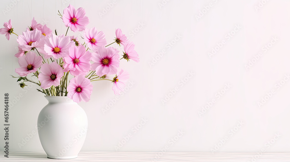 Minimalistic pink flowers in a white vase 