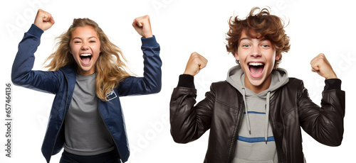 emotional, happy, excited, cheering teenager boy and girl kid celebrating. on transparent background