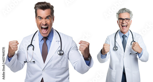 emotional, happy, excited, cheering male Caucasian doctor celebrating. on transparent background