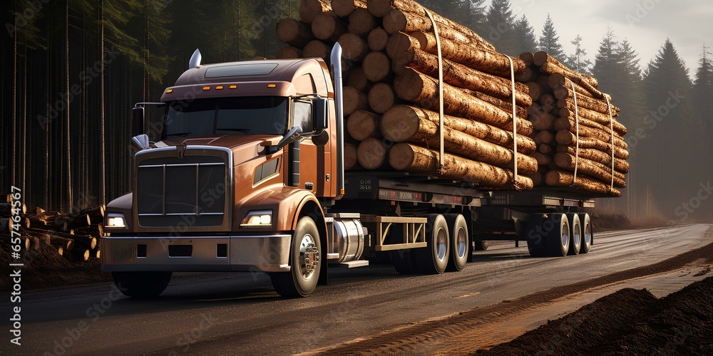A trailer truck carrying wooden round timber, logging industry and lumber.