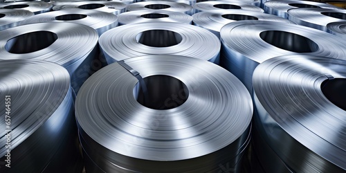 Aluminum belts at a metallurgical plant. Industrial production of aluminum coils, metallurgy and casting of steel and zinc.